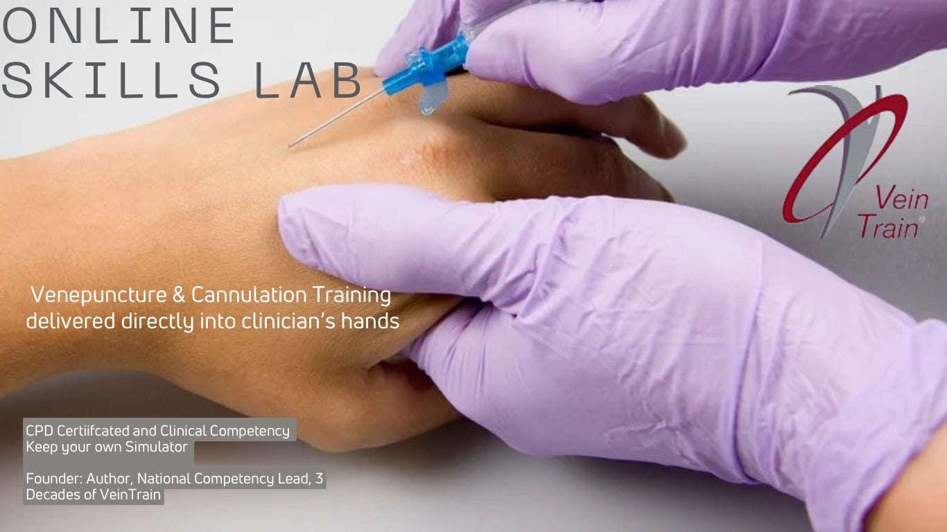 Person receiving a venipuncture procedure with text about an online skills lab for training clinicians. VeinTrain flat-pack vein simulator for phlebotomy and cannulation training