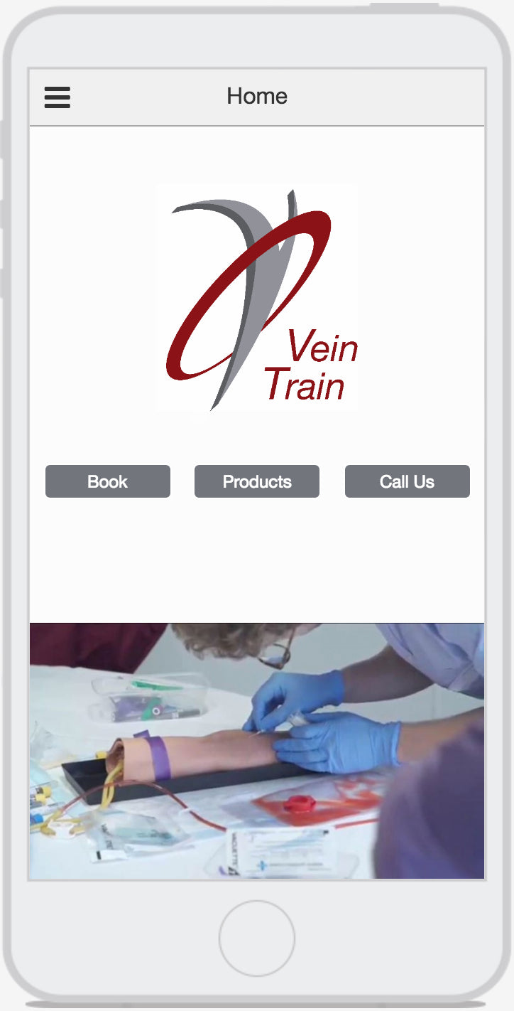 Phone screen displaying the Vein Train app with a needle and blood sample image.VeinTrain flat-pack vein simulator for phlebotomy and cannulation training