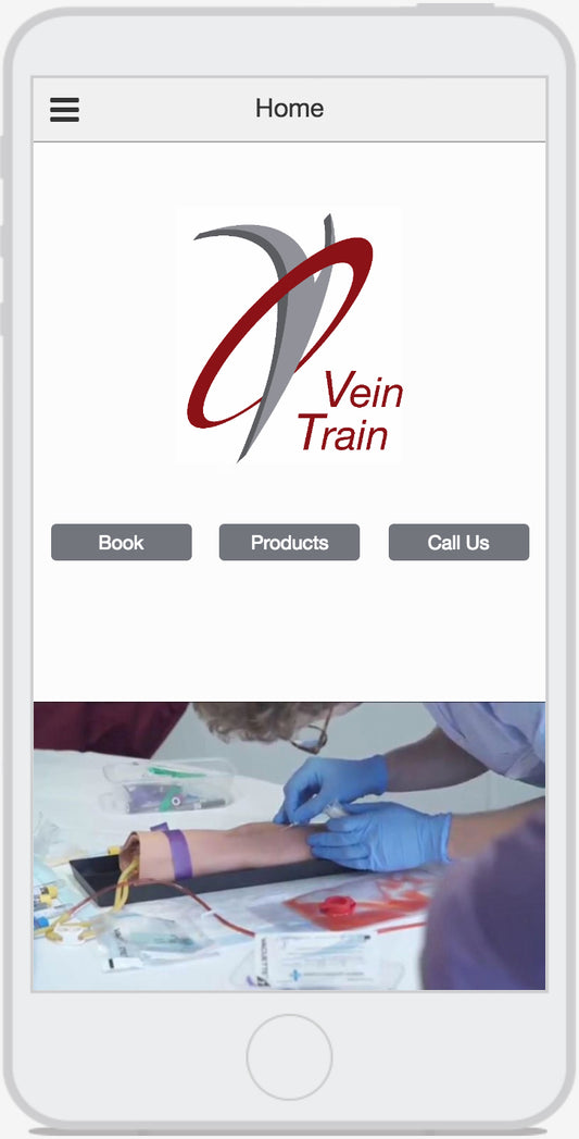 Phone screen displaying the Vein Train app with a needle and blood sample image.VeinTrain flat-pack vein simulator for phlebotomy and cannulation training