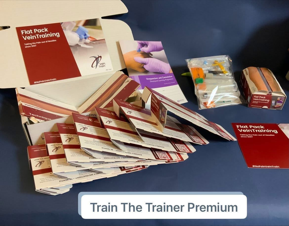 Collection of 'Train The Trainer Premium' vein training kits on a blue surface VeinTrain flat-pack vein simulator for phlebotomy and cannulation training