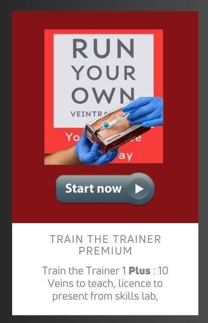 Advertisement for 'Run Your Own Vein Trainer' with gloved hand holding a device on a red background. VeinTrain flat-pack vein simulator for phlebotomy and cannulation training