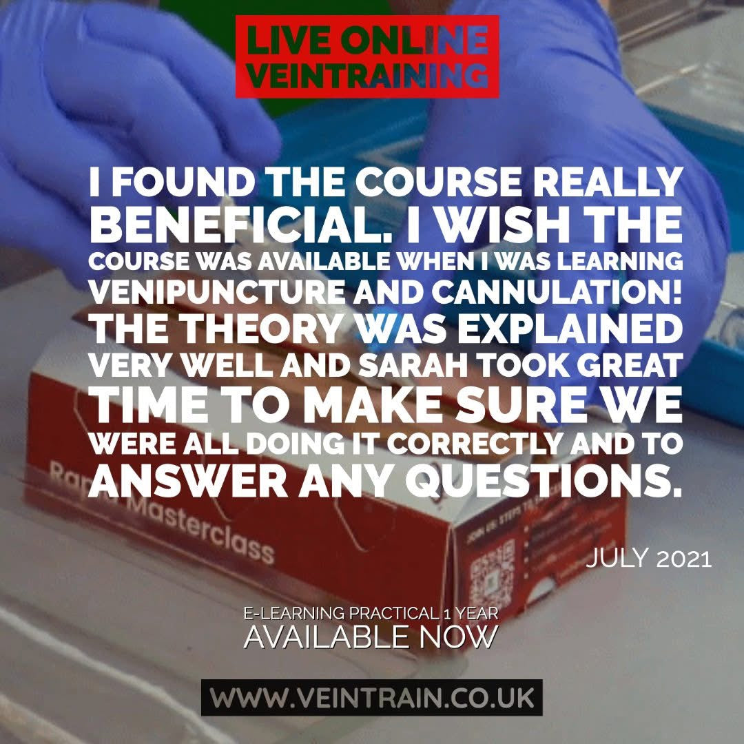 Advertisement for a live online vein training course with text and gloved hands holding a vein training device. VeinTrain flat-pack vein simulator for phlebotomy and cannulation training